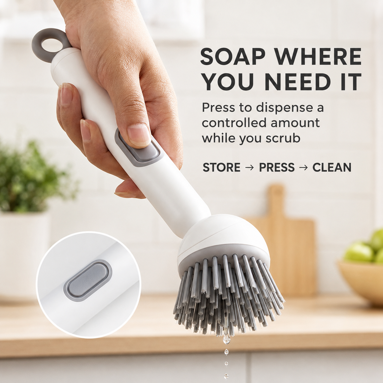 Press-to-Dispense Multi-Surface Scrub Brush